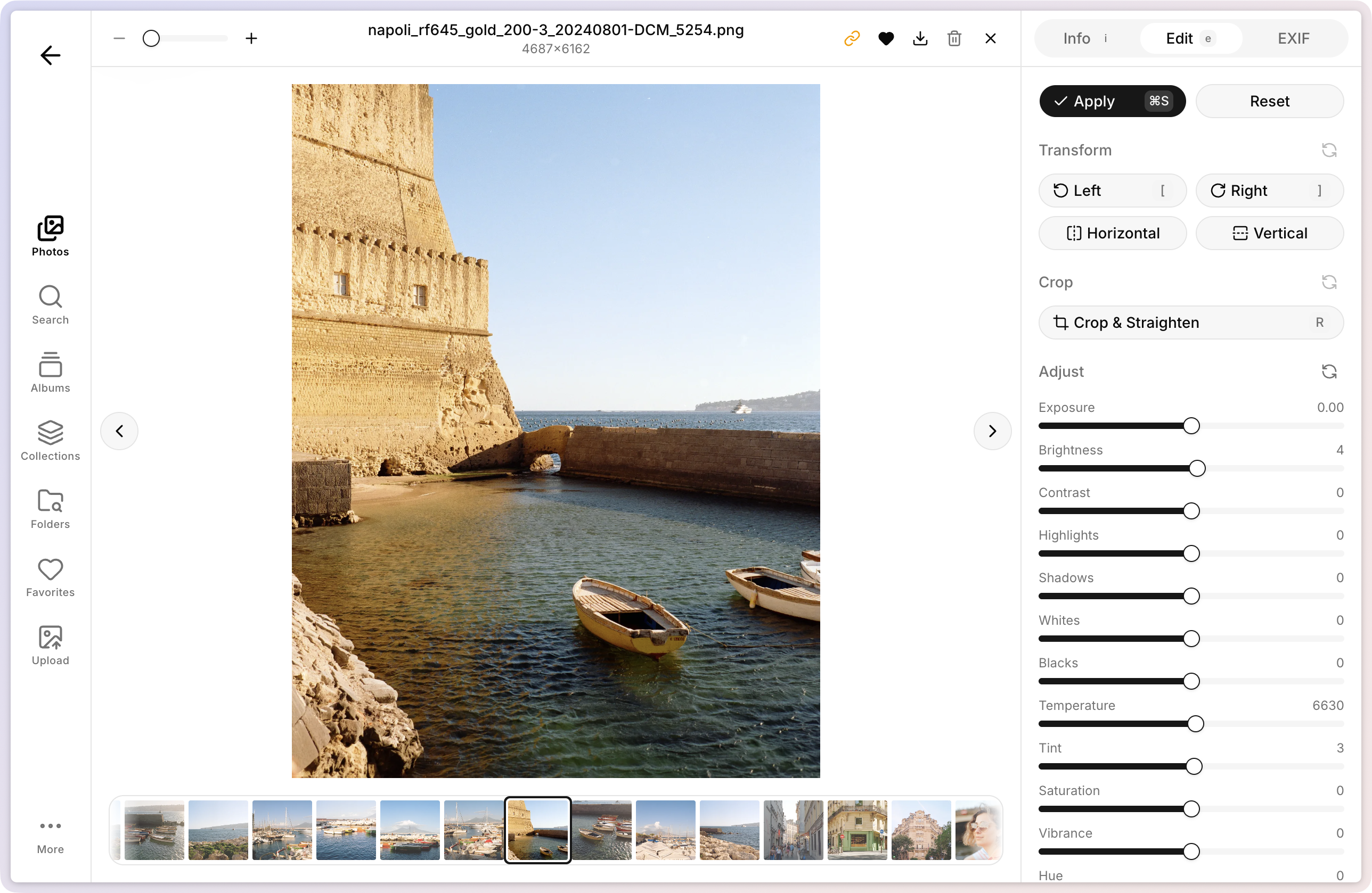 Lumio's non-destructive editor with exposure, white balance, and tone controls